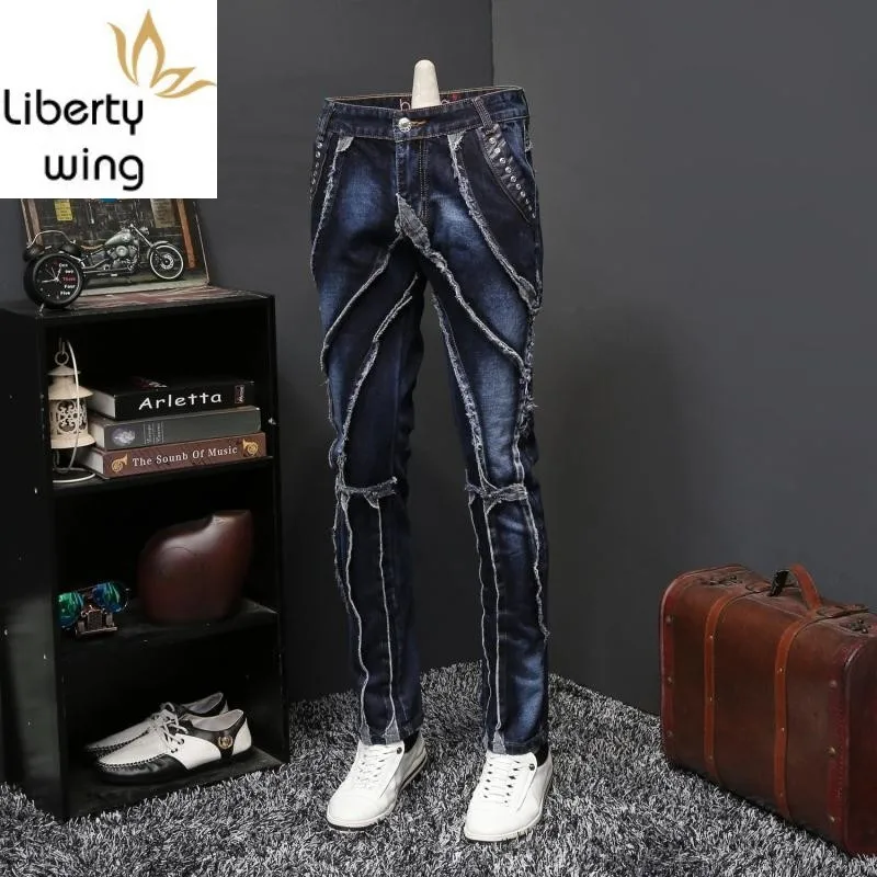 Новые брендовые Лоскутные мужские джинсовые брюки уличная одежда классические
