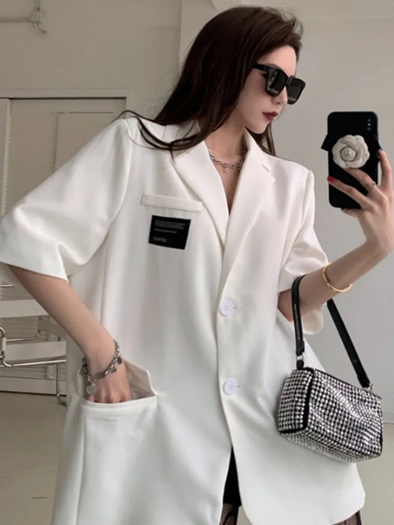 

Suit Blazer Jacket Female Loose Long White British Style Short-sleeved 2021 Summer Fashion New Style Dress Womens Clothing