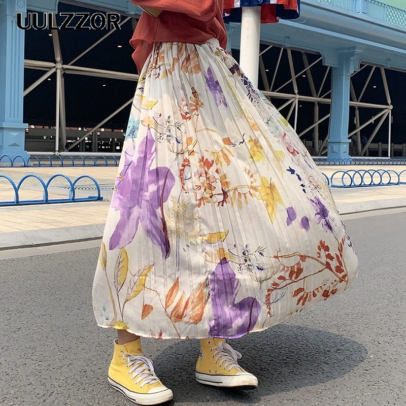 UULZZOR цветочный принт длинная юбка женские юбки эластичная талия Boho Свободные