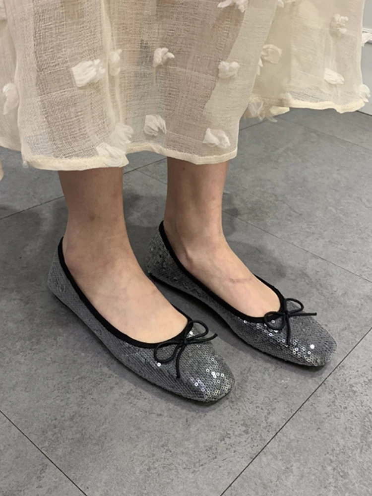 Женская обувь в Корейском стиле с квадратным носком Туфли бантом на плоской