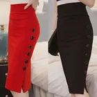 Женская офисная юбка средней длины размера плюс, черная облегающая офисная юбка с пуговицами и открытым разрезом, элегантная юбка карандаш, 2020