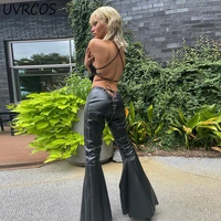 sexy party club pants women bandage autumn 2021 casual solid pu material low waist lace up flare pants female streetwears new