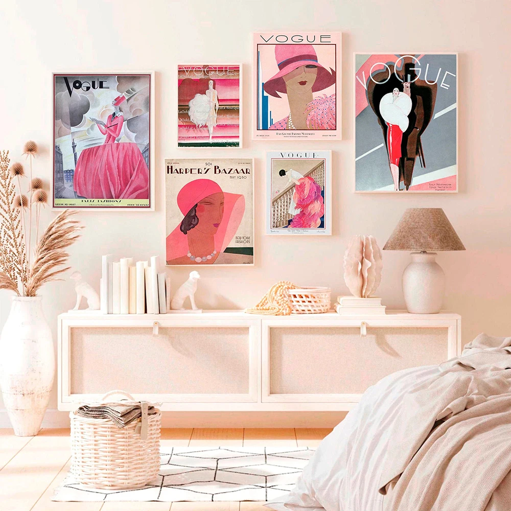 

Retro Fashion Magazine Cover Poster Vintage Pink Feminine Art Canvas Painting Modern Wall Picture Office Girl Bedroom Home Decor