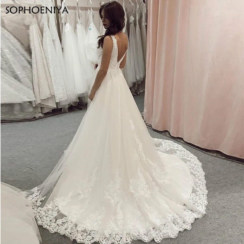 

Vestido De Novia Elegant V-Neck Wedding Dresses A-Line Sleeveless White Ivory Backless Sweep Train Wedding Gowns Robe