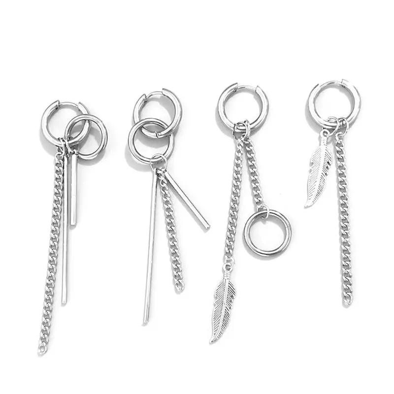 

4 Pcs/set Fashion Long Chain Earring Men Women Simple Versatile Stainless Steel Silver Earrings Set Party Gifts