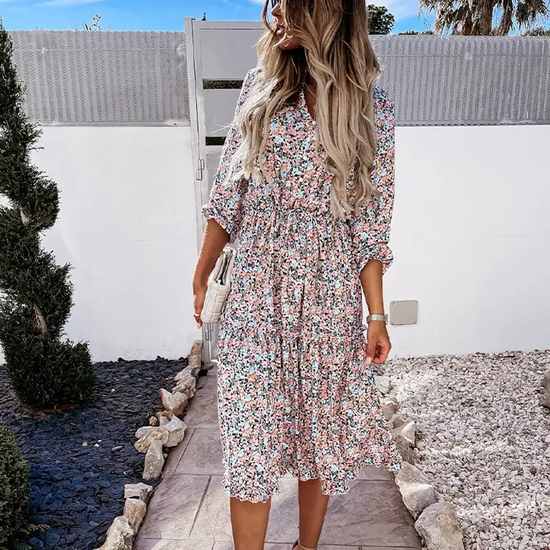

Sexy V-neck Split Floral Print Shirt Dresses 2021 Casual Long Sleeve Boho Summer Beach Dress Women Lace-Up Maxi Dress Vestidos