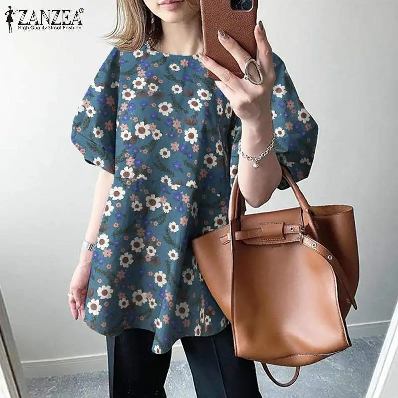 

Summer Floral Blouse Retro Printed Puff Sleeve Tops Tunic ZANZEA Women Vintage Cotton Shirt Female Casual Loose Blusas Oversized