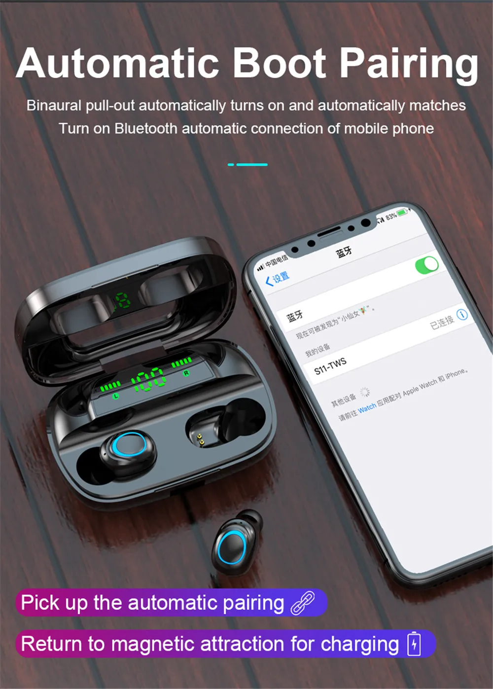 Беспроводные наушники S11 с bluetooth 5,0, tws, беспроводные Игровые наушники, зарядный чехол, светодиодный дисплей, 9D, стерео гарнитура, беспроводное зарядное устройство