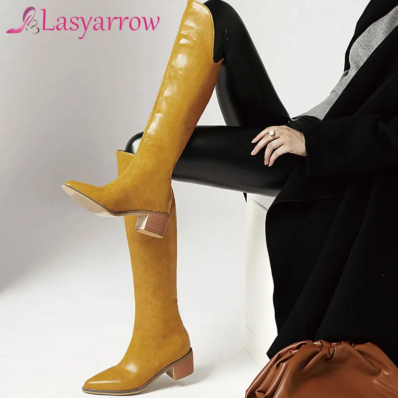 

Lasyarrow 5 Candy Colors Women Riding Knight Knee High Boots Yellow Blue Block Med Heels Slip On Western Cowboy Winer Shoes