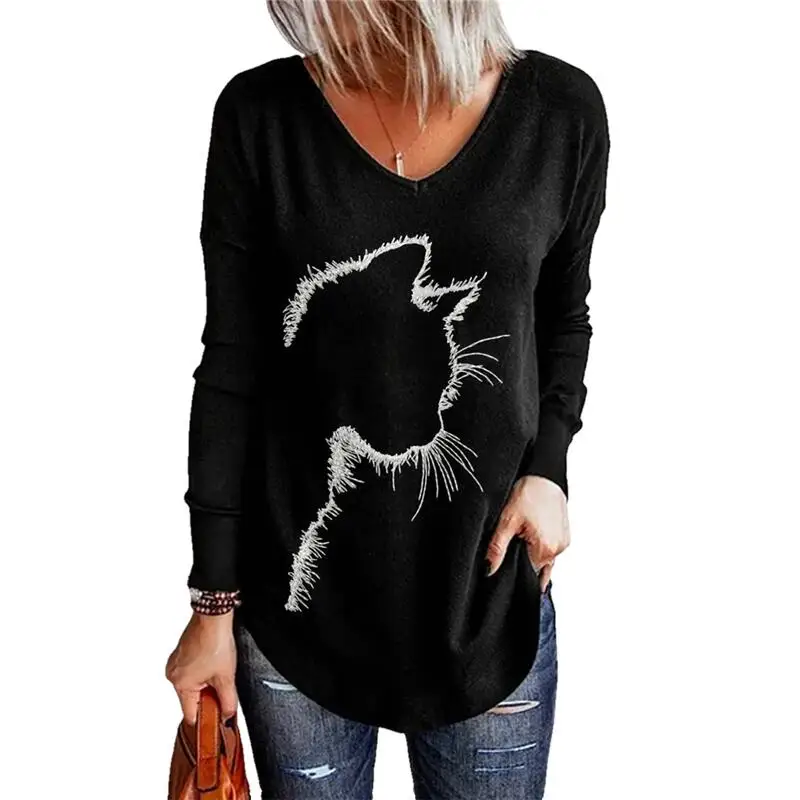 

Women Tshirts Kawaii Cat Print Long Sleeve O-Neck Pullover Tops Autumn Loose Personalized 3D Animal Shirts Ladies Streetwear Tee