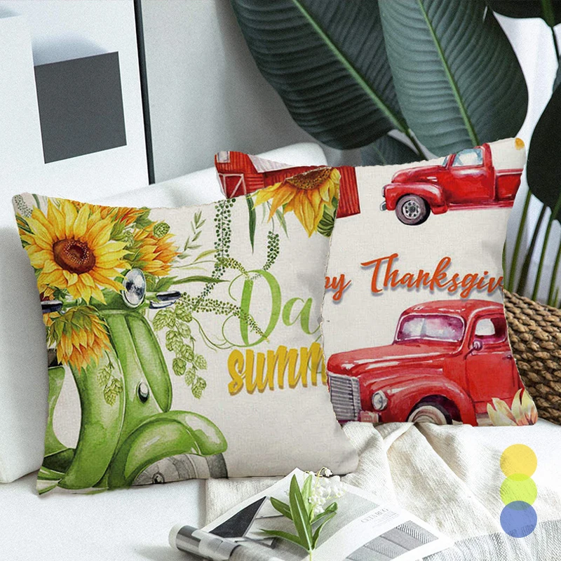 

Thanksgiving Sofa Cushion Cover Fauxlinen Hug Pillowcase Watercolor Pumpkin Truck Sunflowers Decorative Pillow Case Home Decor