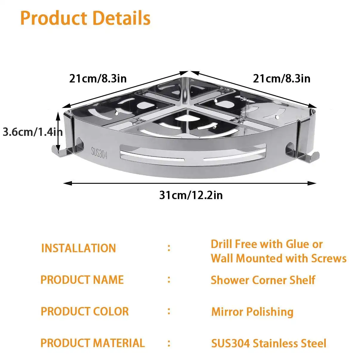 

2 Tiers Bathroom Corner Shower Shelf Triangle Stainless Steel Organizer Rack Organizer storage Holders Home Wall Decoration