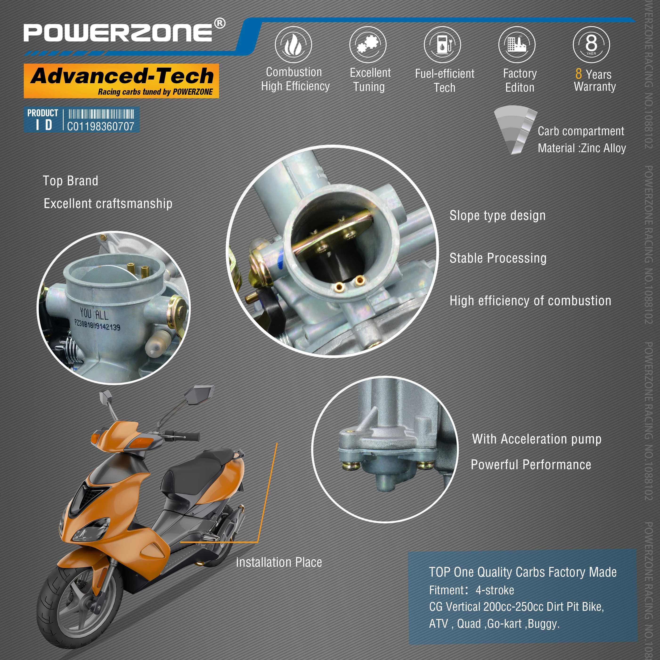 Карбюратор Powerzone PZ30B карбюратор с акселераторным насосом 30 мм CVK для CG Vertical 200cc-250cc