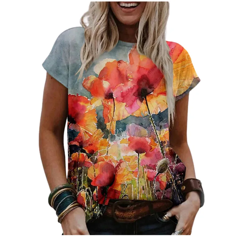 

2021 Hot Sale Fashion Floral Lady Watercolor Gradient T-shirt O-neck Short Sleeve Top 3D Dandelion T-shirt Ladies Loose Top