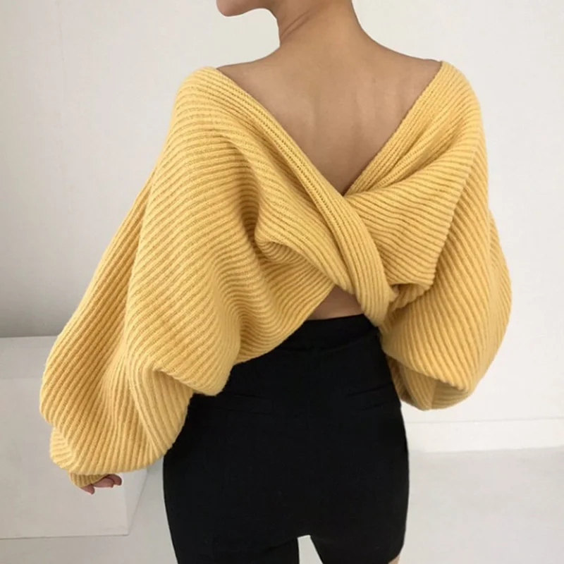 

Корейский шикарный темпераментный свитер с прямым воротником с осторожной машиной с открытой спиной дизайнерский свободный свитер с длинн...