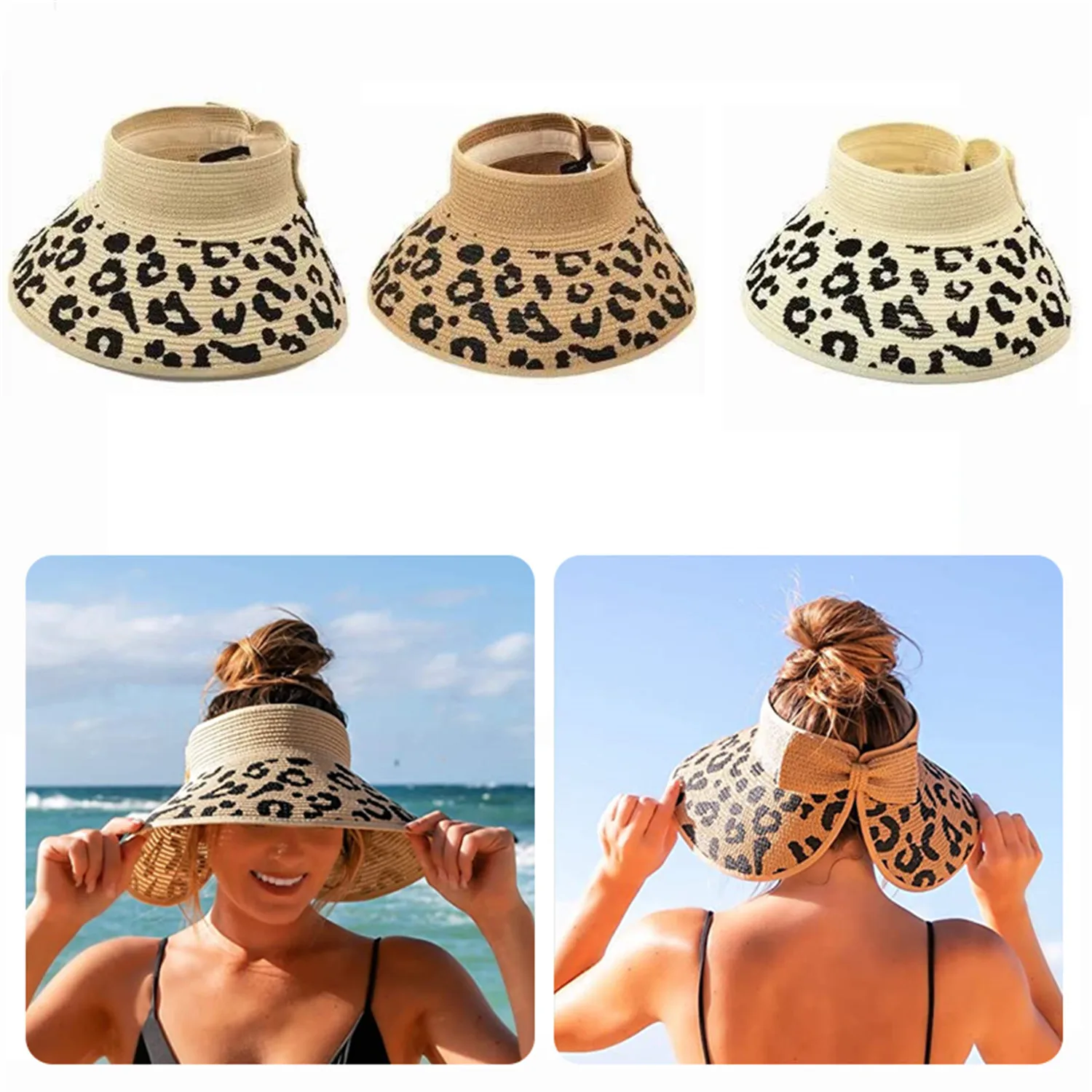 

New Women's Fashion Leopard Foldable Bow Straw Cap Beach Hats Visor Hat Sun Hat