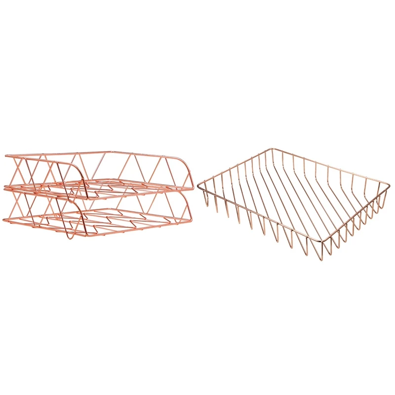 

1 Pcs Rose Gold Desk Tray, Wire Letter File Tray Finisher & 2 Pcs Stackable Horizontal Metal File Letter Trays Organizer