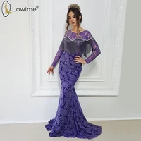 2020 new long sleeve lace mermaid evening dresses beads o neck middle east muslim robe de soiree prom party gowns