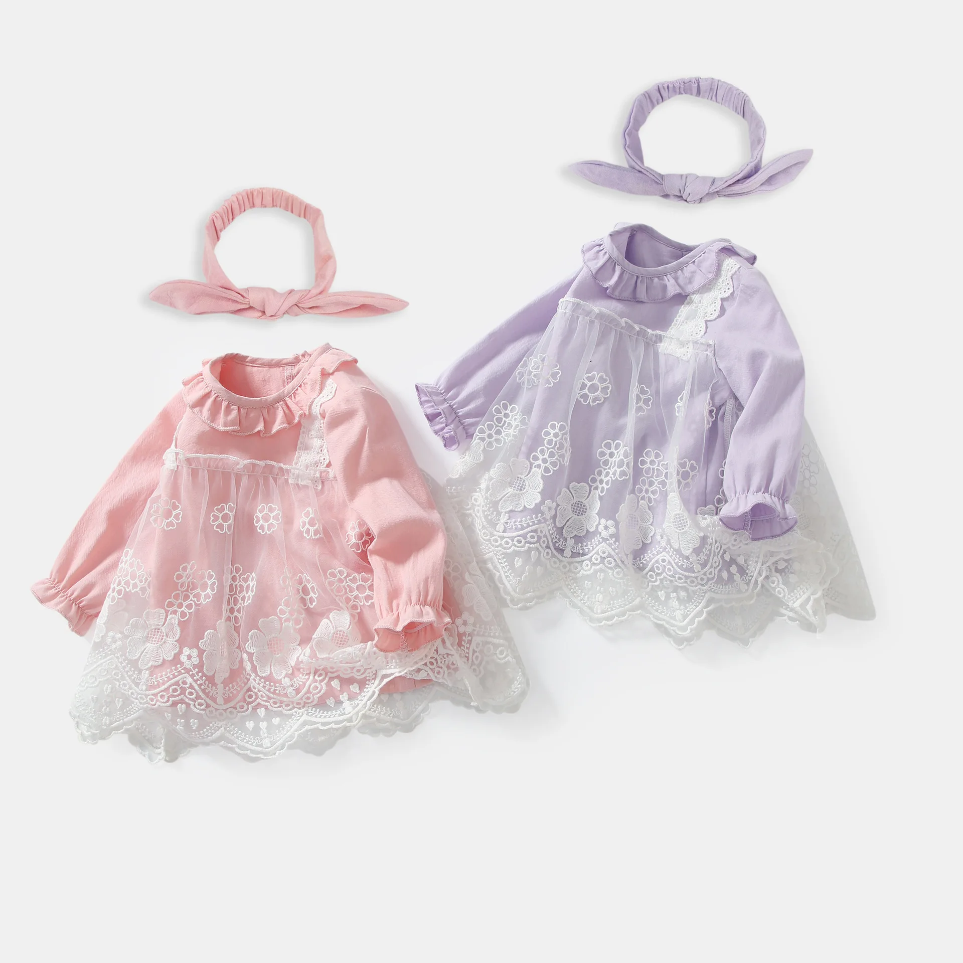 

Twin Baby Girls Dress Party And Wedding Clothes For Babies 2Pcs Pink Lace Dresses Long Sleeve Spring 0-4Y Kids Girl Set Headband