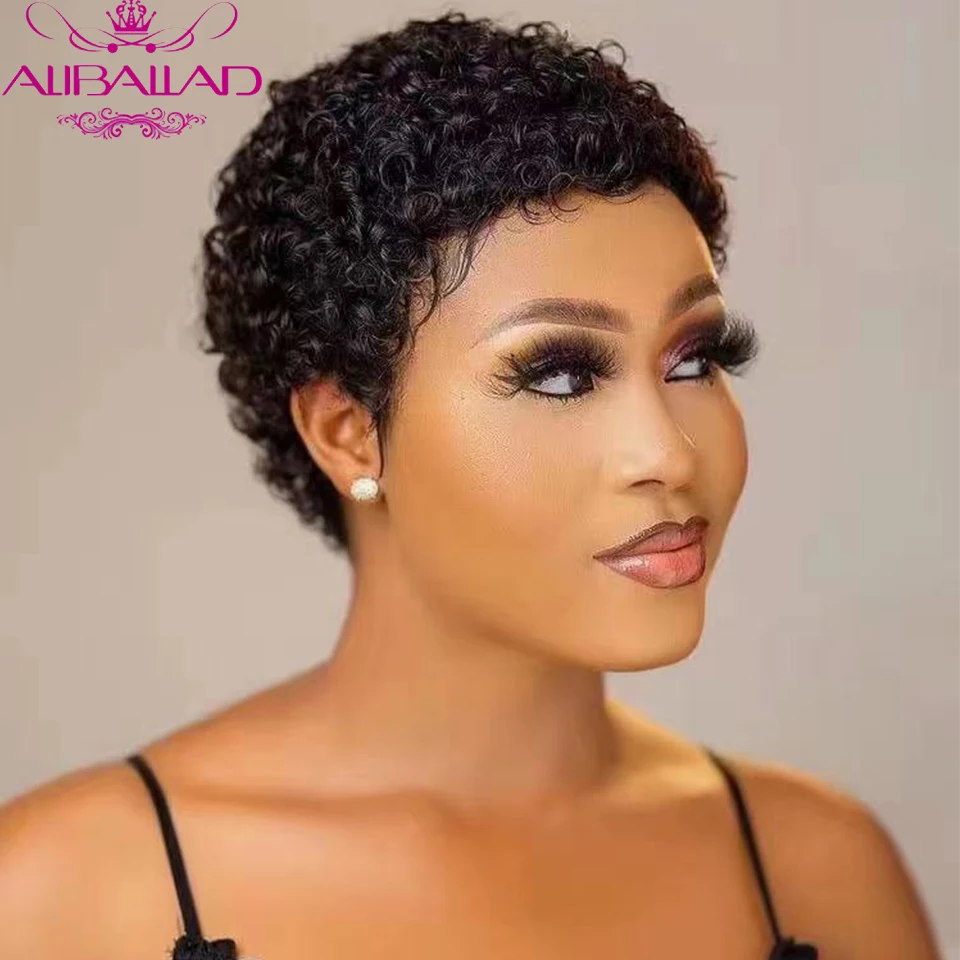 

Aliballad Short Curly Human Hair Wig For Black Women Remy Brazilian Hair Afro Curl Glueless Pixie Cut Short Human Wig