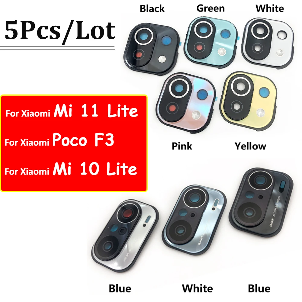 

5 шт./лот, для Xiaomi Mi 11 Lite / Poco F3 / Mi 10 Lite задняя камера, стеклянная крышка объектива с рамкой и держателем с наклейкой