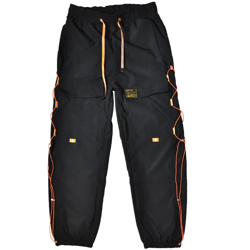 

2020 Autumn Cargo Pants Men Ribbons Drawstring Many Pockets Joggers Trousers Black Full Length Male Casual Pants