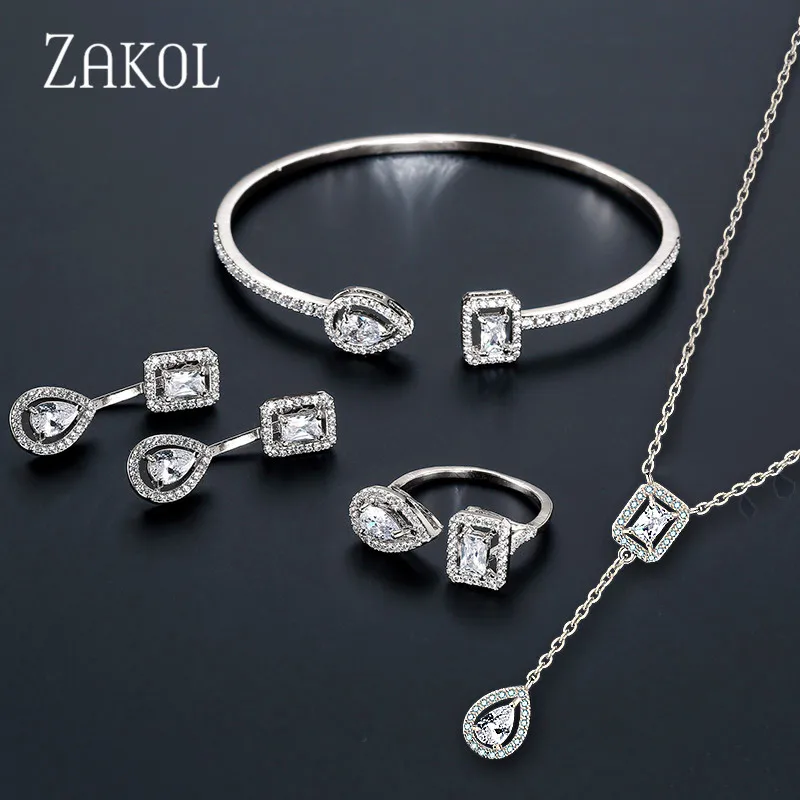 Модный дизайнерский комплект ювелирных изделий от бренда ZAKOL, серьги с чешским камнем, браслет и кольцо на запястье для женщин, помолвка, FSSP3011
