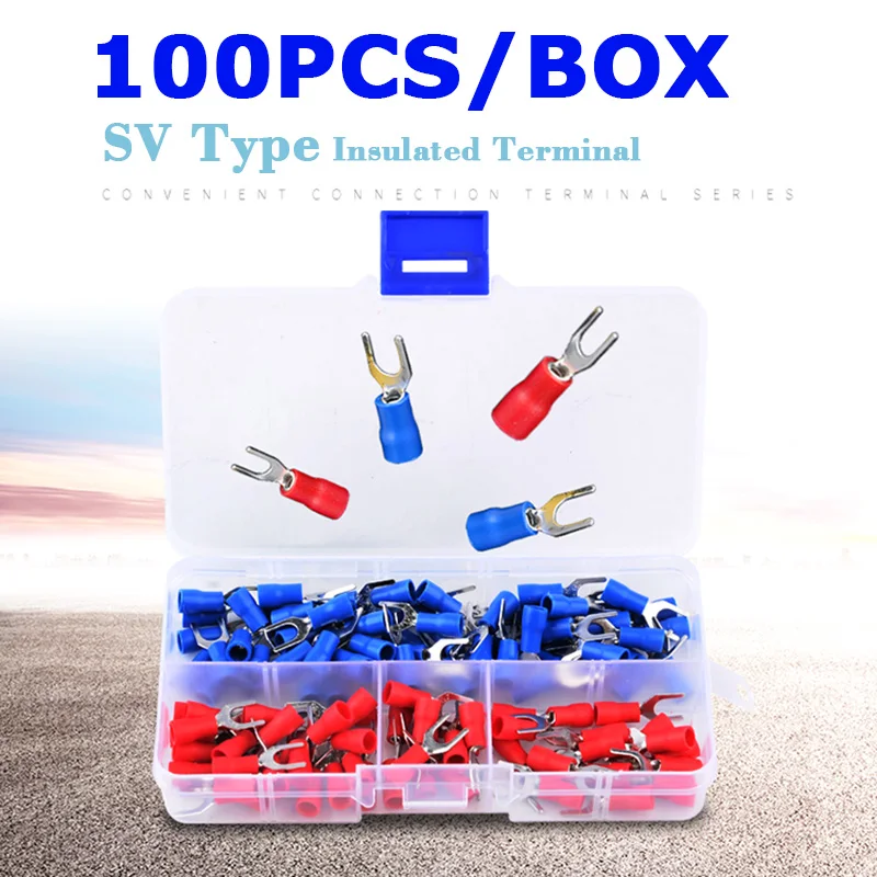 

100PCS Wire Connector Terminals SV1.25 SV2 Fork Furcate Crimp AWG22-10 Insulated Jst Tin Terminales Electricos Para Cable Joints