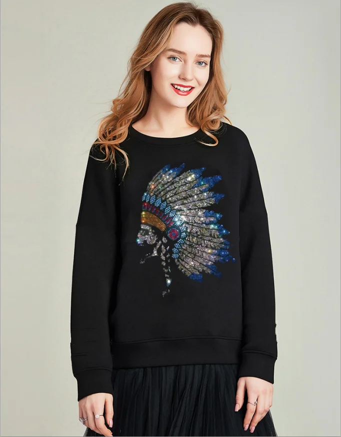

Hoodies Women Sweatshirt Rhinestones Winter Warm Long Sleeve pullovers Loose Casual Female Tops