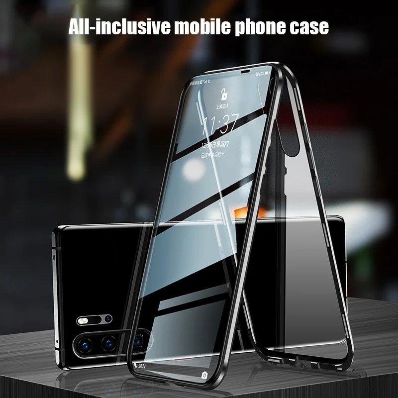 

New Magnetic Metal Double Side Glass Case For Huawei P30 P20 P40 Mate 40 30 20 Pro Honor 20 Lite 8X 9X Y9 Prime P Smart Cover