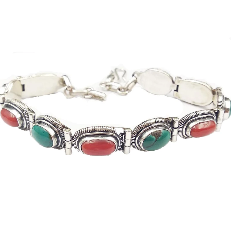 

India Nepal Handmade Pure 925 Silver Accessories Gem Turquoise Bracelet Female Personality Creative Retro Tibetan People