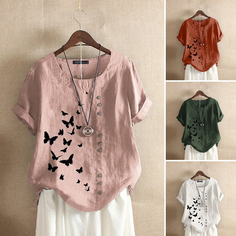 

Fashion Printed Tops Women's Summer Blouses ZANZEA 2021 Vintage Casual Short Sleeve Blusas Female O Neck Split Tunic