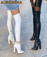 almudena chunky heels stretch matte leather over the knee boots nude white black pointed toe bodycon thigh high boots size46