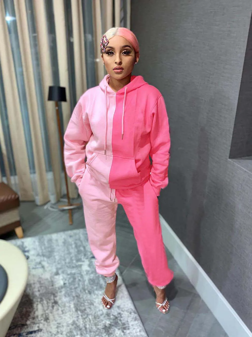 

Sporty Color Block Two Piece Set Women Casual Patchwork Fitness Long Sleeve Hooded Top + Sweatpants Tracksuit Women Outfits