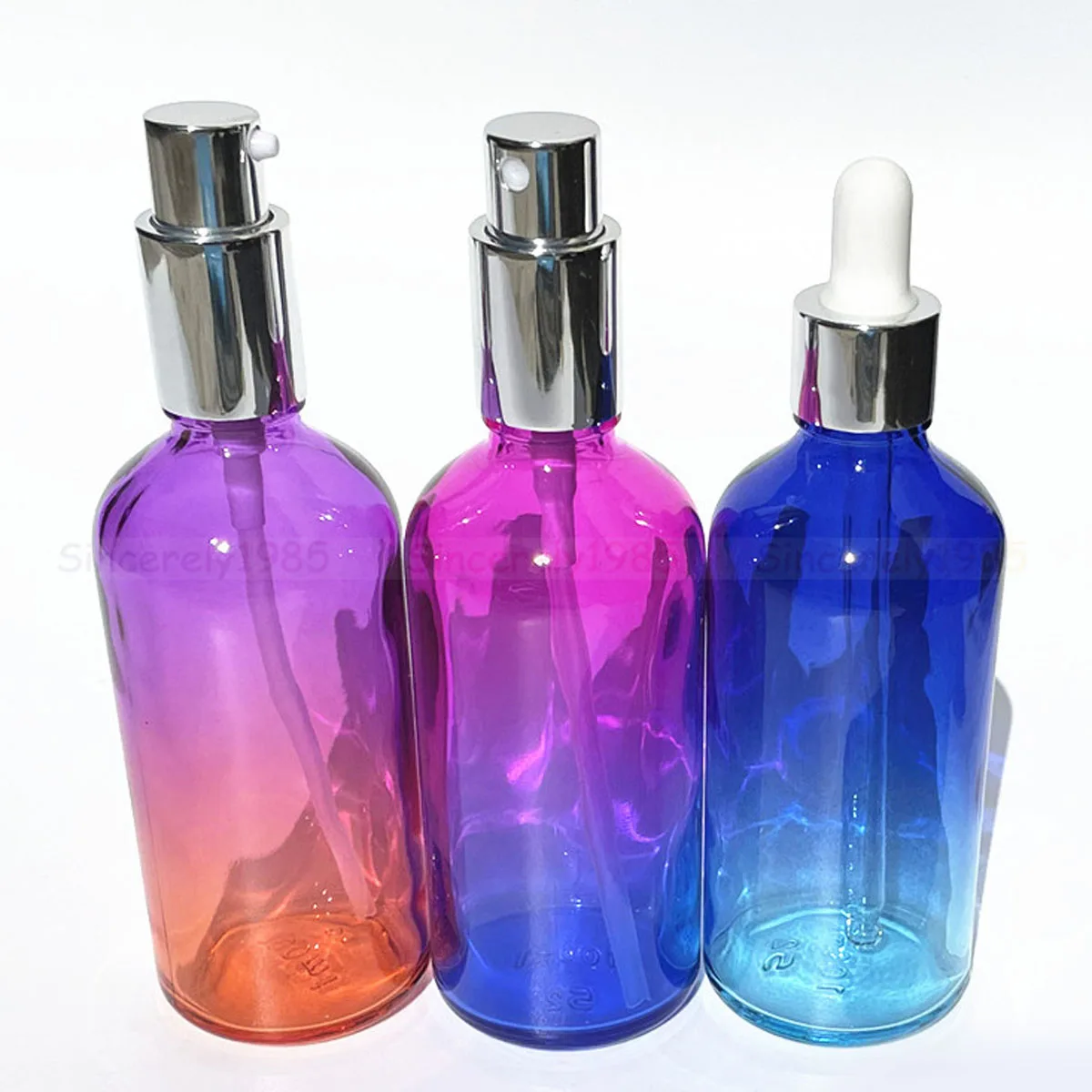 

10X 100ml Gradient Color glass bottle with Silver Perfume Sprayers, Essential Oil Glass Droppers, Serum Cream Pump