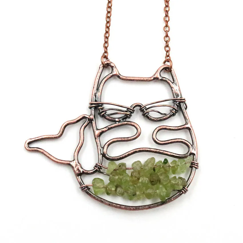 

Copper Plated Wire Wrap Amethysts Stone Cute Cat Pendant Citrines Crystal Necklace for Party Gift Jewelry