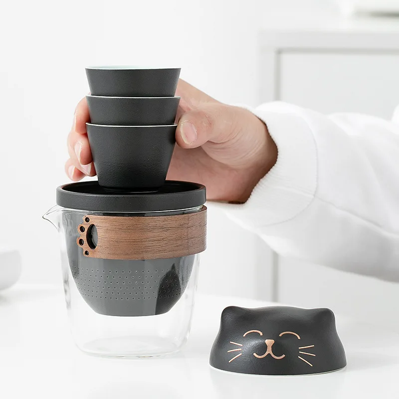 Tea Set Portable Travel Simple Kung Fu Teapot Cup Cute Cat Outdoor One Pot Three Cups Glass Ceramics | Дом и сад