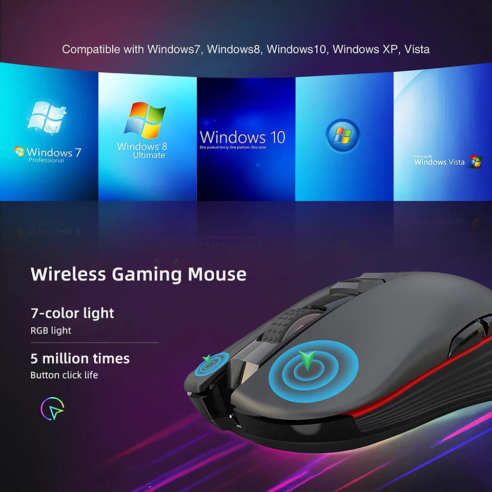VicTsing 2,4G USB перезаряжаемая игровая мышь 3600 dpi 4 уровня регулировки dpi 8 кнопок беспроводная мышь с RGB светильник для PC Gamer