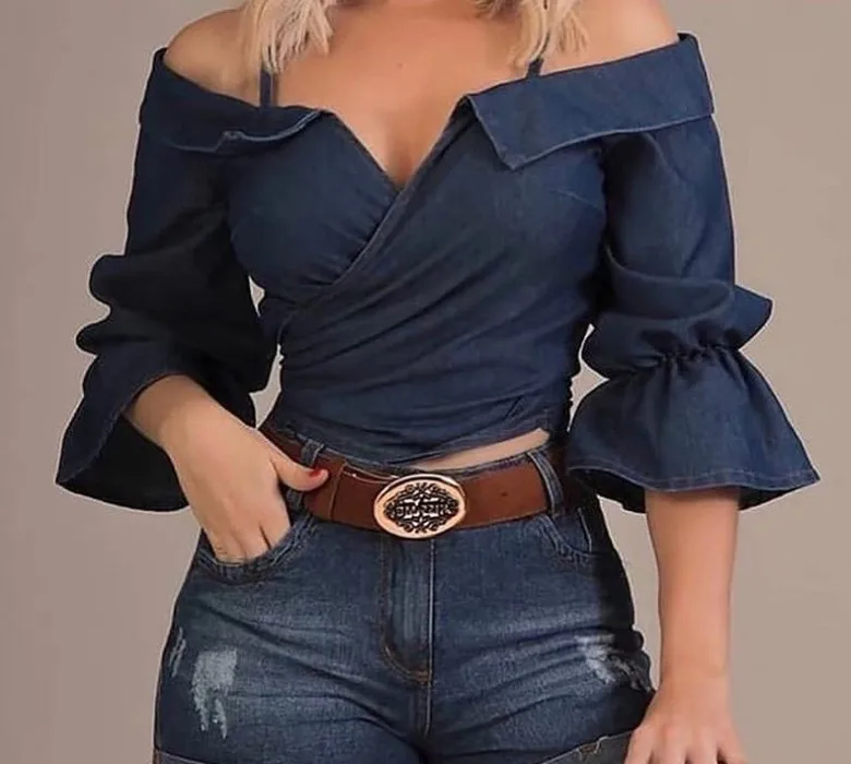 Женская однотонная блузка с расклешенным рукавом весенние топы открытыми