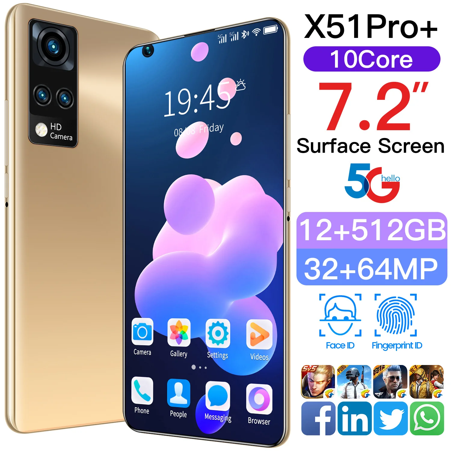 

Global Version X51Pro+ 12+512GB Smartphone 10 Core 7.2Inch 6800Mah 32+64MP Support Face Unlock Dual SIM 5G Network Mobile Phone
