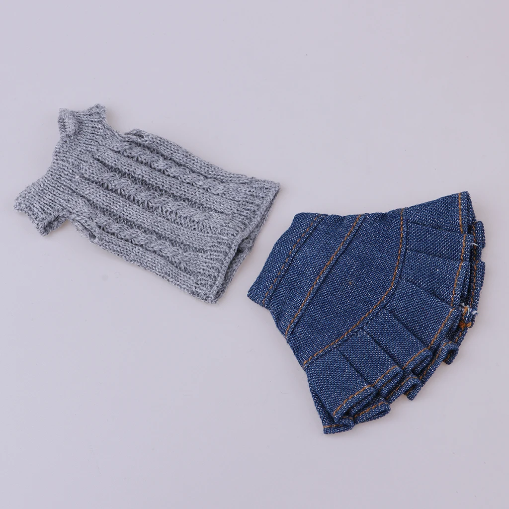 Stylish 2pcs Clothes Suit for 1/6 Blythe Licca OB Girl  My Life Dolls Knit Sweater Denim Skirt Gray&Blue