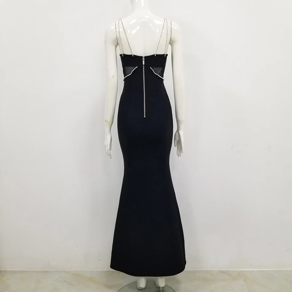 

High Quality Women's 2021 Summer Sexy Spaghetti Strap Mesh Patchwork Diamond Bandage Dress Bodycon Club Party Long Dress Vestido