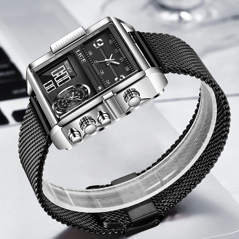 Часы наручные LIGE Мужские кварцевые брендовые роскошные квадратные цифровые