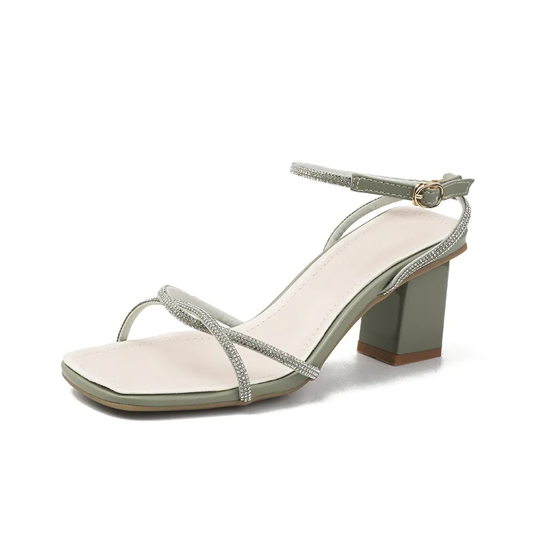 

fairy style new one line buckle women's shoes summer water drill medium thick heel fashion sandals women's shoes