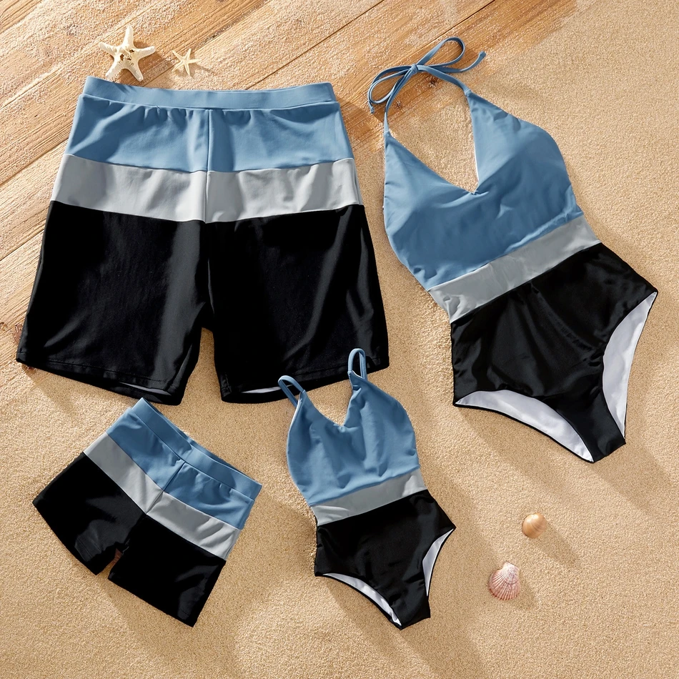 

MUMU Summer Colorblock Splice Family Matching Swimsuits(Neck Strap Design Swimsuits for Mom) Bikini