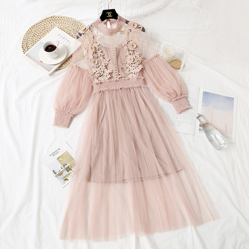 Платье женское кружевное с цветочным принтом длинное платье из вуали