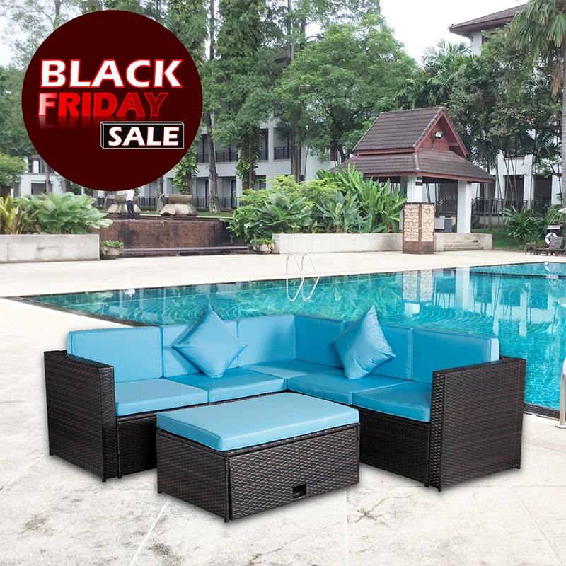 

Outdoor Patio Set 4pcs Poly Rattan Blue Cushion Combined 2 Pillows Sectional Option garden Sofa Sets And Multifunctional Table