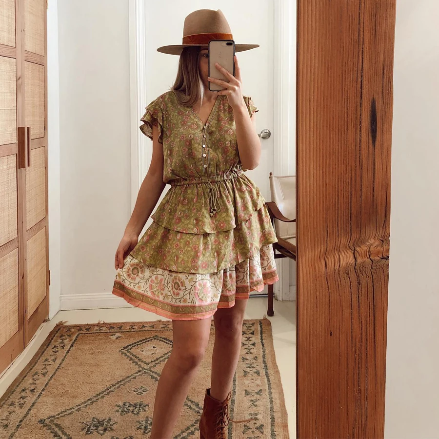 Мини платье TEELYNN 2019 вискозное с цветочным принтом boho платья рюшами и эластичной