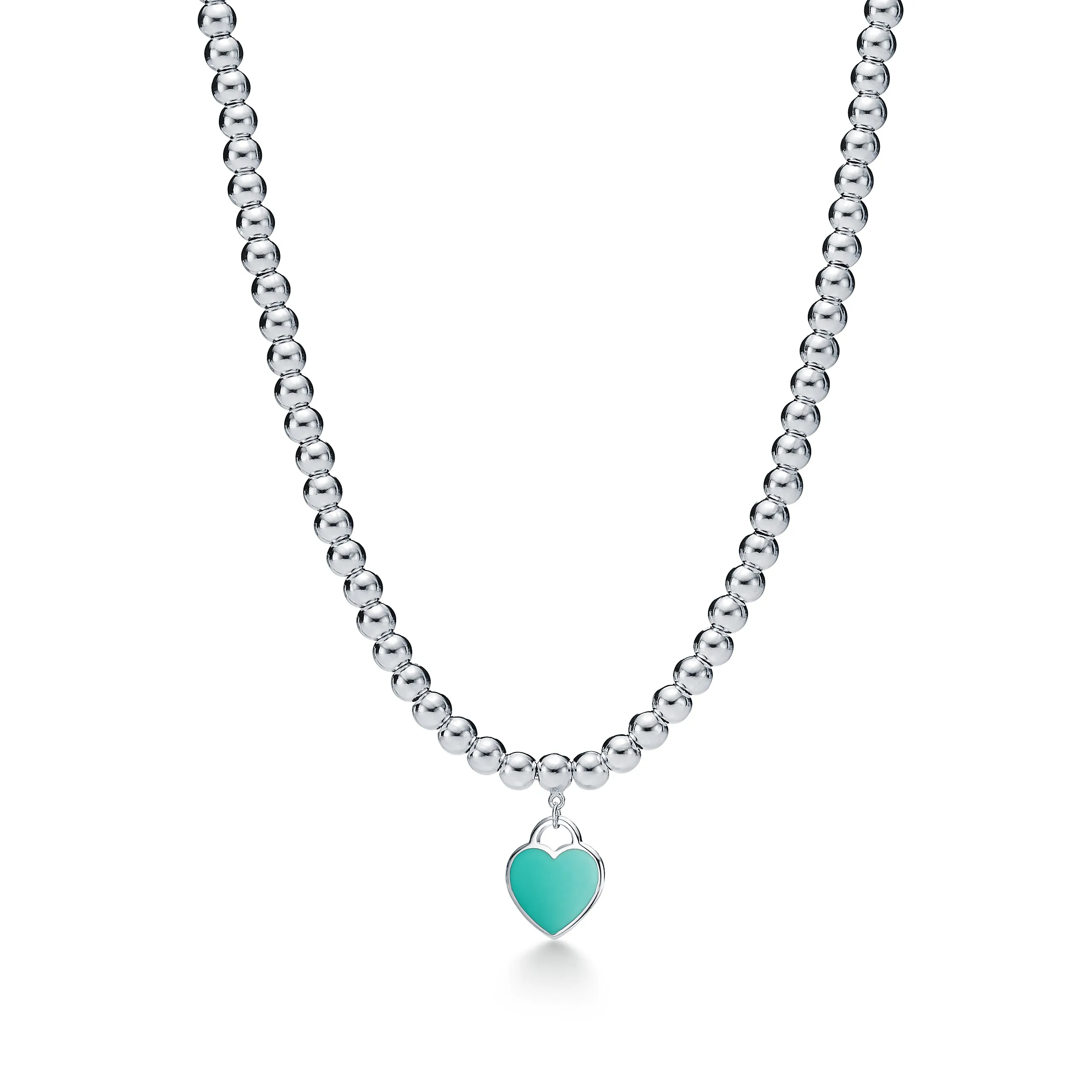 

Tiffany Love Heart Shaped Enamel Necklace Round Bead Chains S925 Sterling Silver necklaces for women Classic Blue For Girlfriend