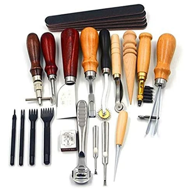 

Leather Tools Kit Stitching Punch Sewing Craft DIY Tool Carving Craft Saddle Working Groover ,18 Pcs for Handset Prong